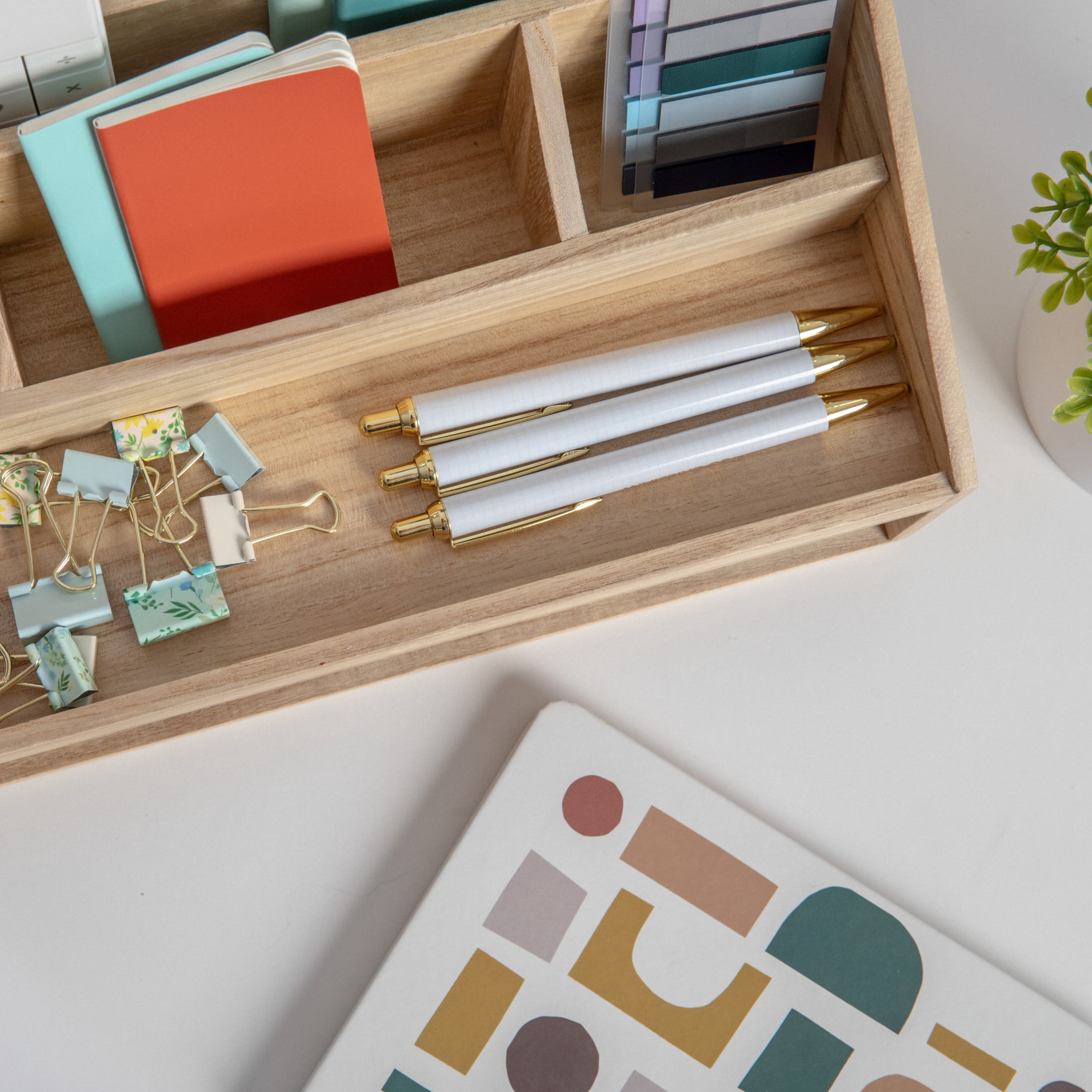 Martha Stewart Weston Stackable Light Natural Paulownia Wood Boxes with Drawers, Office Desktop Organizers, Set of 3