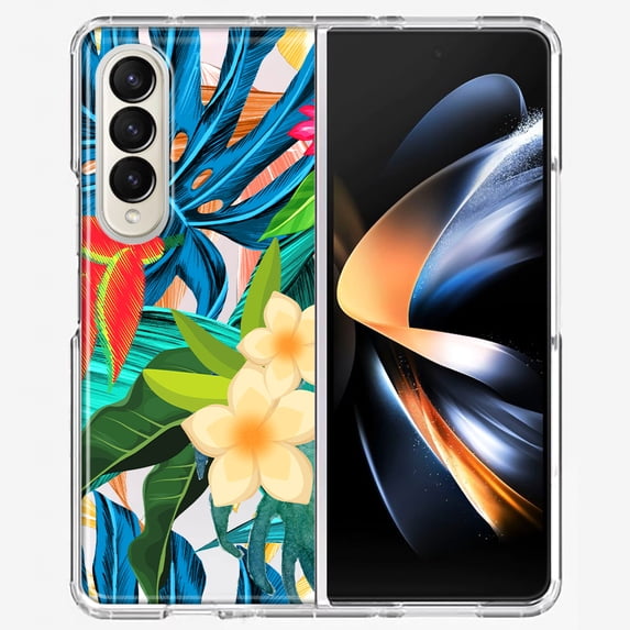 MUNDAZE Samsung Galaxy Z Fold 4 Shockproof Clear Hybrid Protective Phone Case Blue Monstera Pothos Tropical Floral Flowers Cover