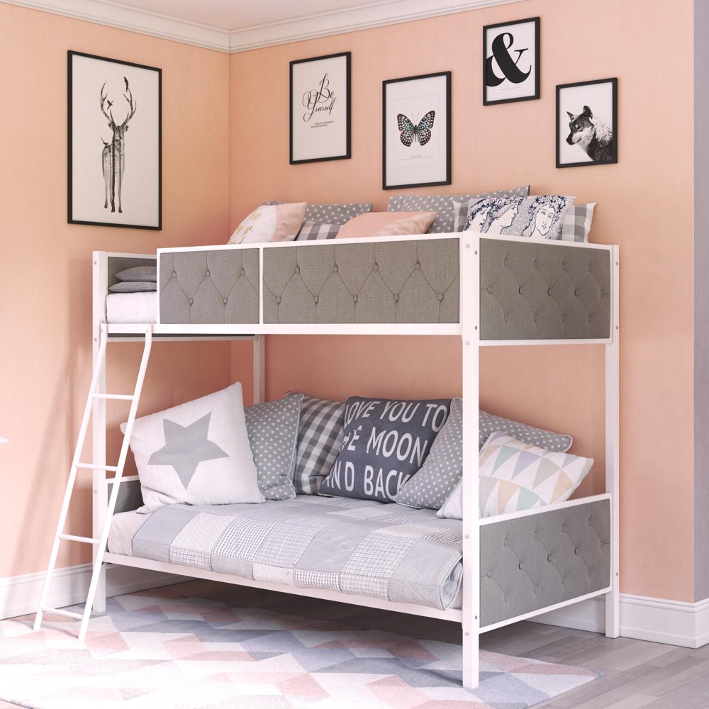 Chesterfield Upholstered Bunk Bed, White Metal with Grey Linen