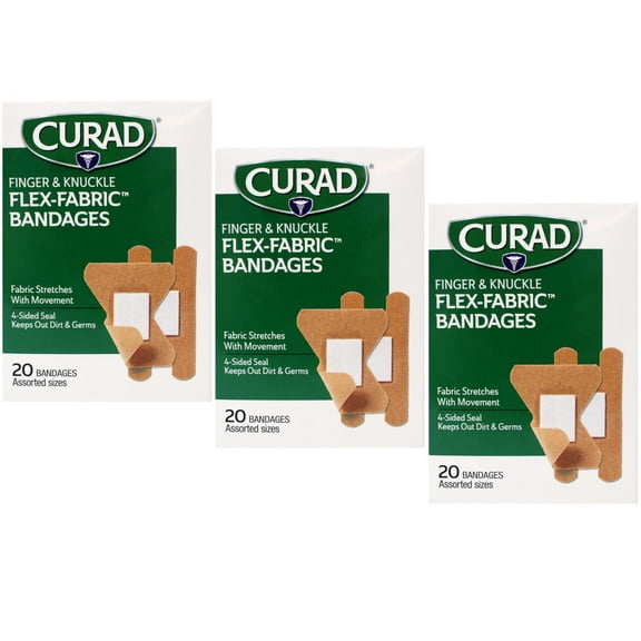 3 Pack - CURAD Flex-Fabric Finger and Knuckle Bandages, Assorted Sizes, 20 Ct