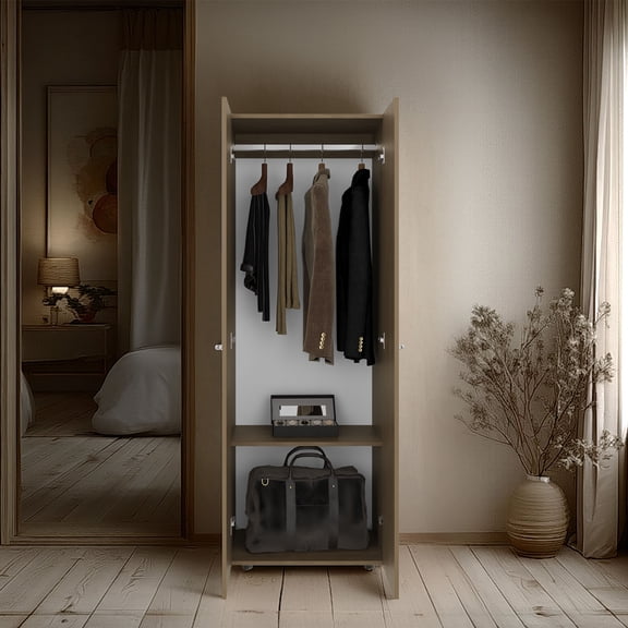 Nmkwnr 66.9" Tall Wardrobe with 2 Inner Shelves and Hanging Rod, 2 Door Storage Cabinet for Living Room, Bedroom, Light Brown