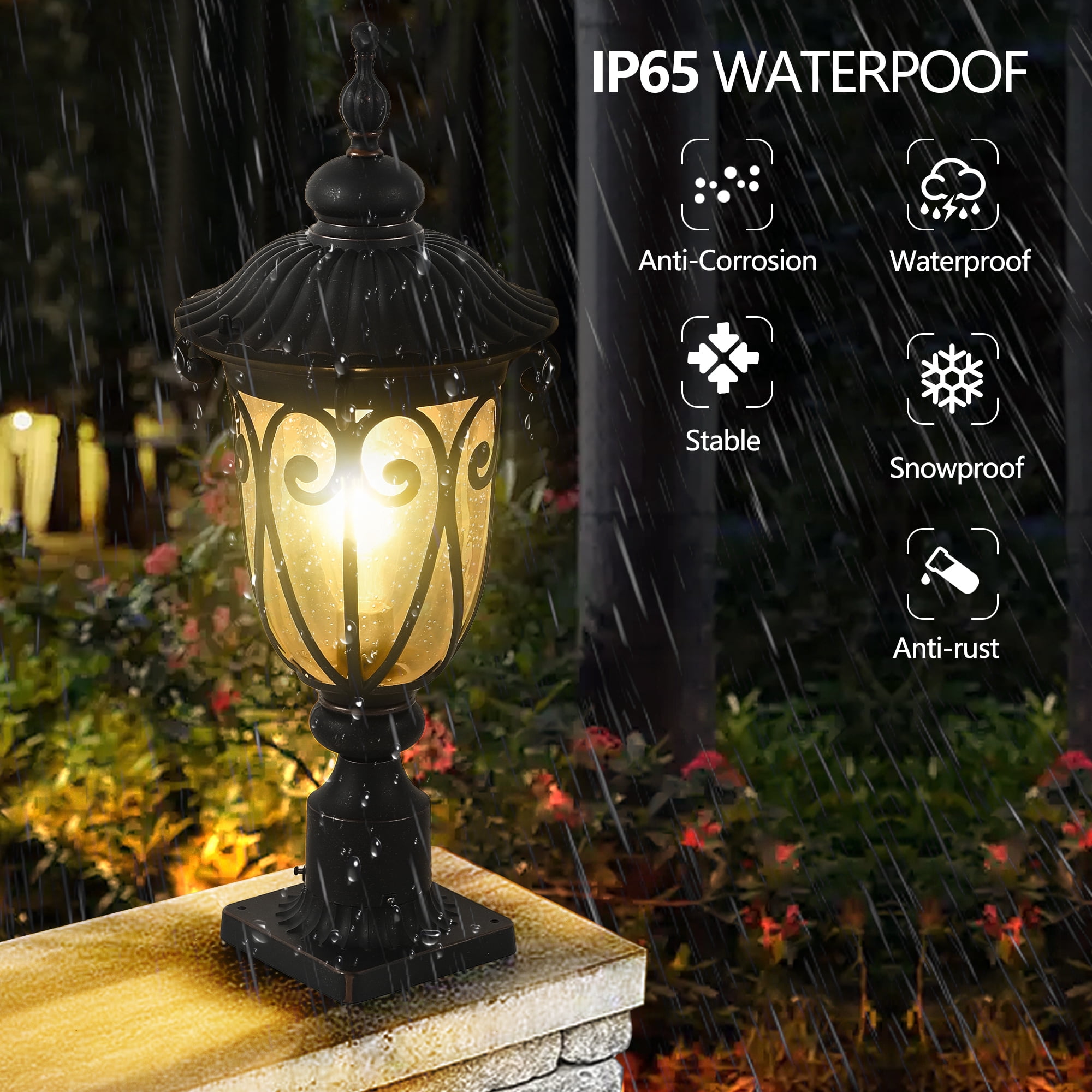 Outdoor Post Light with 2-in-1 Mount, 24-Inch Antique Bronze Exterior Pillar Lantern for Yard and Garden, Waterproof Vintage Post Lamp with Seeded Glass for Patio and Driveway, E26 Base