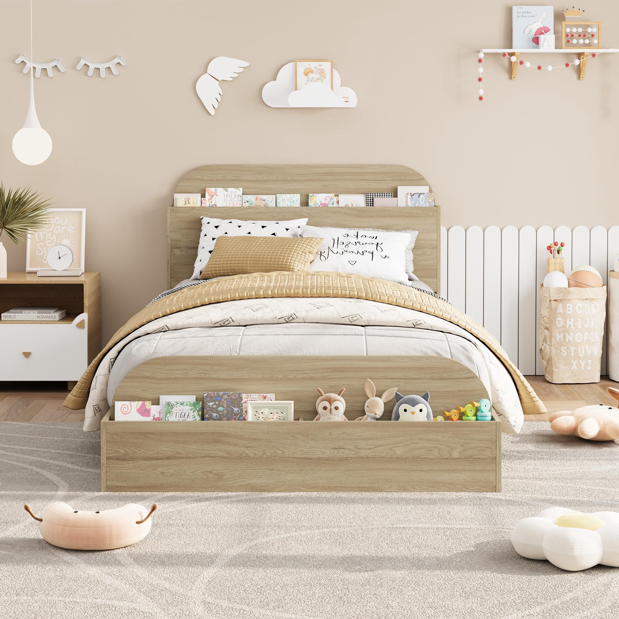 Cama de plataforma de madera con cabecero de almacenaje y piecero elevado - Estructura robusta con lamas - Sin somier - Perfecta para dormitorio - Madera durazno roja, FULL size