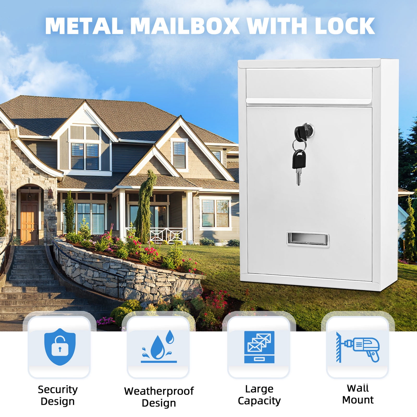 Mailbox Wall Mounted, Key Lock Mail Boxes Outdoor,3.3" D x 8.5" W x 12.6" H,Weatherproof Secure Mail Box,Key Lock Mail Boxes Outdoor,White Large
