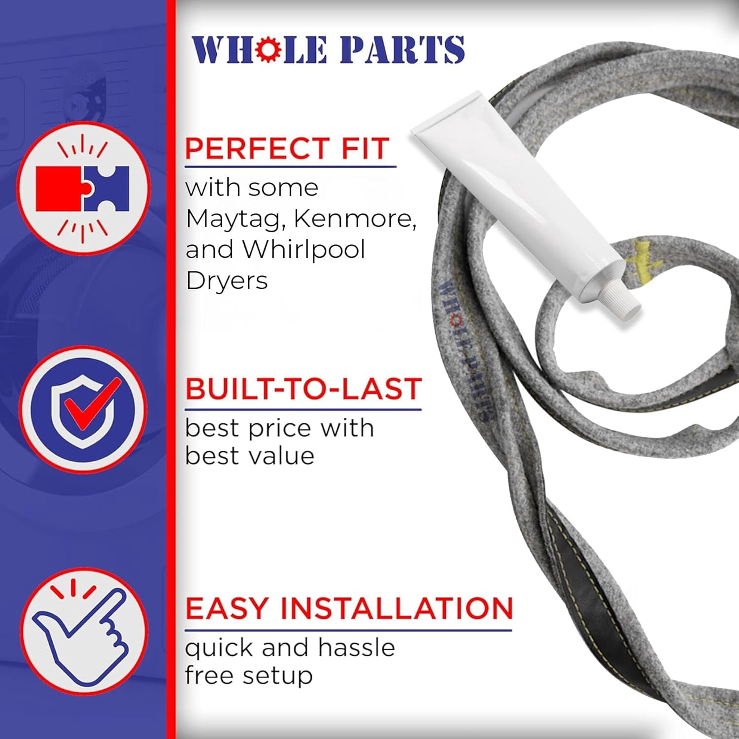 Whole Parts Dryer Drum Felt Seal Gasket, Including Adhesive, Part# 280140 - Replacement & Compatible with Some Maytag, Kenmore and Whirlpool Dryers