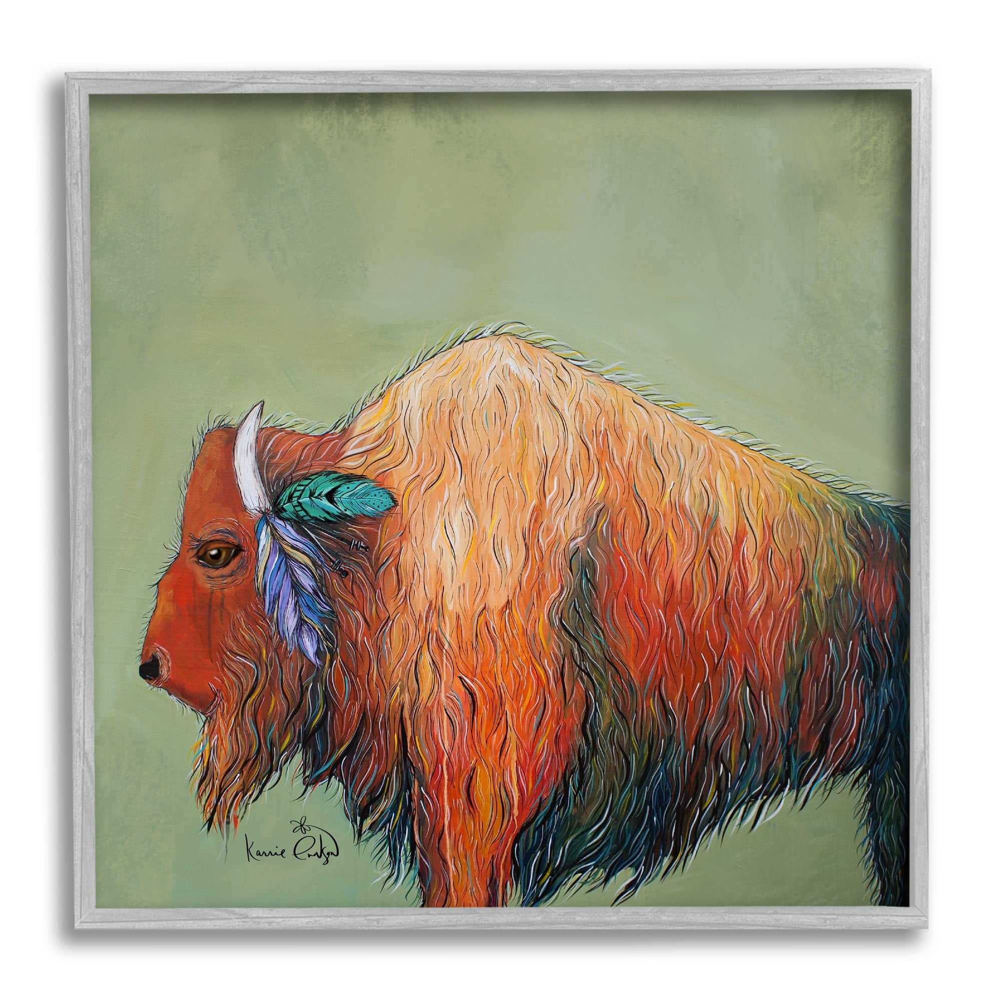 Stupell Industries Vivid Bison Hanging Feathers Horn Abstract Hair Painting Gray Framed Art Print Wall Art, Design by Karrie Evenson