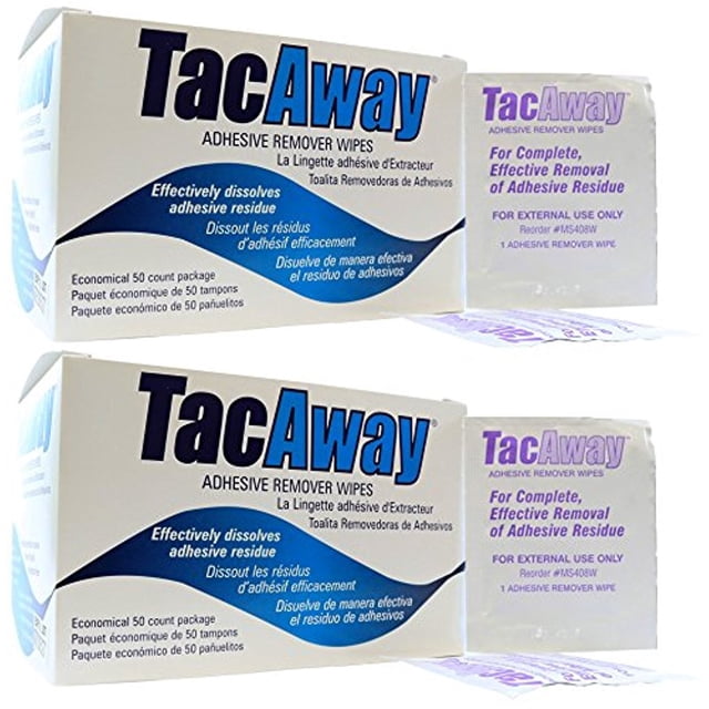 toallitas removedoras de adhesivo skin-tac tacaway, 50 unidades, paquete de 2 vista frontal con dos cajas blancas y azules TacAway y sachet abierto; texto visible "Adhesive Remover Wipes" y "50 toallitas por caja" en fondo blanco, para remover residuos de adhesivo; a menudo usado también para limpiar restos de adhesivo de prótesis o maquillaje prostético.