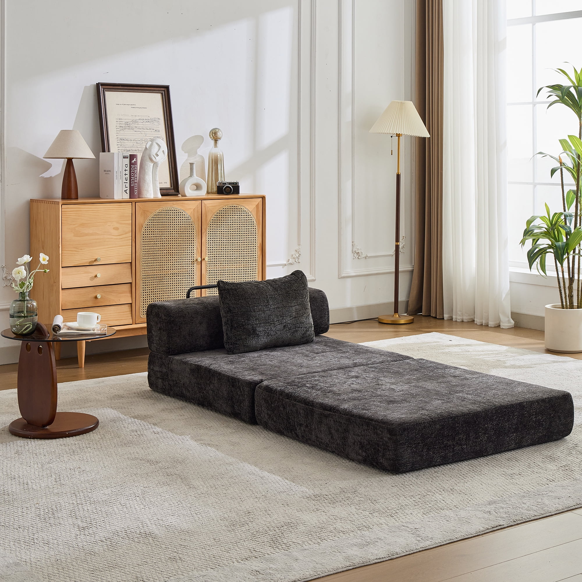 Miniyam Folding Sofa Bed, Convertible Sleeper Chair with Pillow Foldable Mattress with Back Support, Black