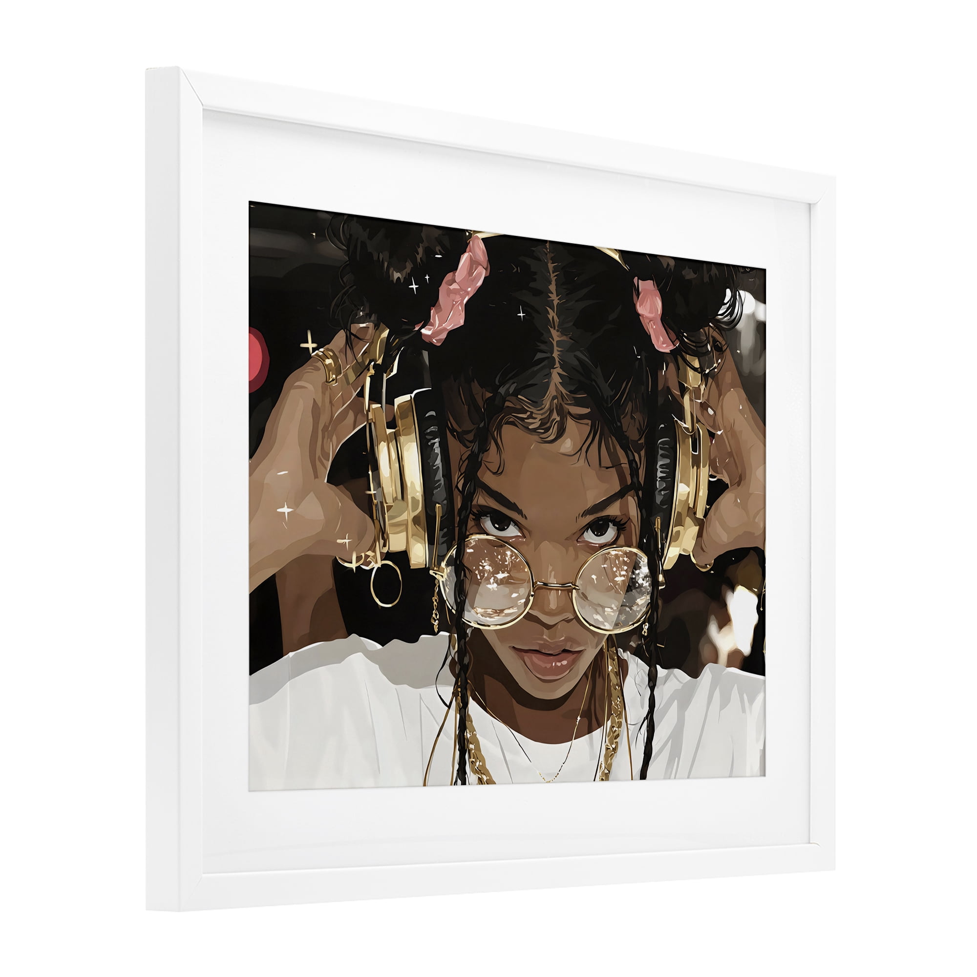 Stupell Industries Trendy Girl with Gold Headphones White Framed Print Under Glass, design by Franklyn Gregory