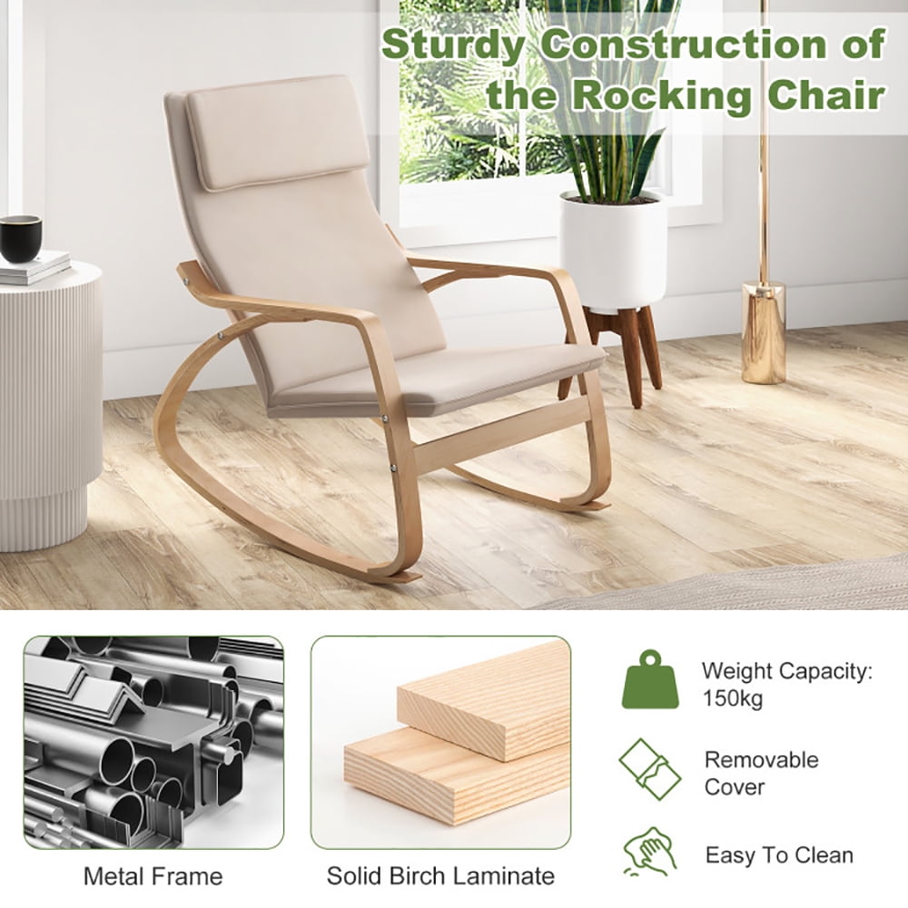 Finihen Modern Rocking Chair, Stable Wooden Frame Leisure Rocking Chair with Removable Upholstered Cushion, for Bedroom, Living Room, Beige Finihen Modern Rocking Chair, Stable Wooden Frame Leisure Rocking Chair with Removable Upholstered Cushion, for Bedroom, Living Room, Beige