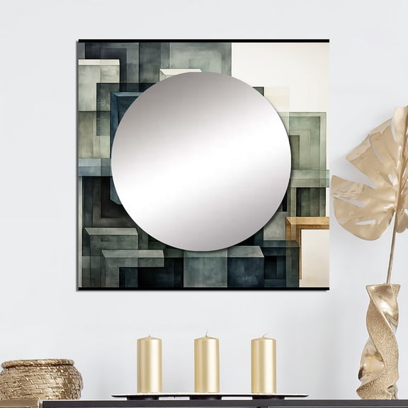 Designart "Abstract Shapes With Indigo Illusion I" Abstract Shapes Square Mirror For Wall Decor - Large Grey Square Mirror Printed Wall Decor - Modern Square Living Room Mirror