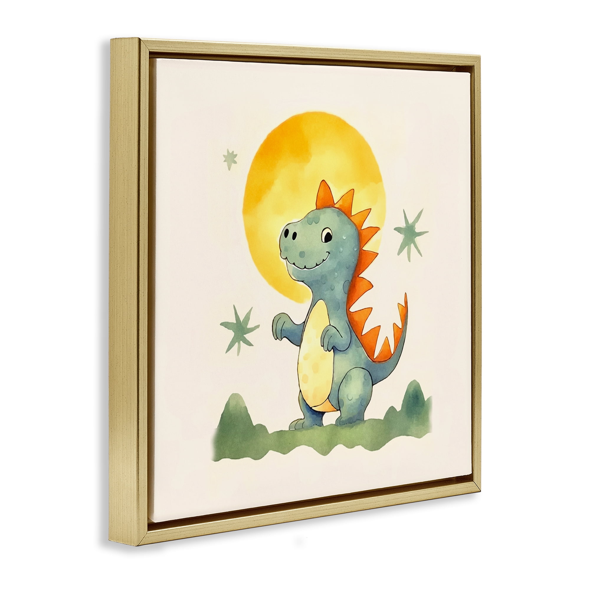 Stupell Industries Dino Under Moonlight Animals Painting Gold Floater Framed Canvas Art Print Wall Art, 18 x 18