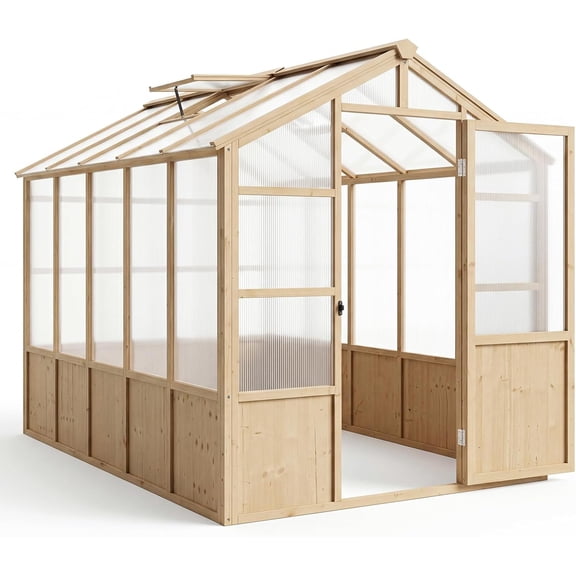 6x10 ft Wooden Greenhouse for Outdoor, Walk-in Greenhouse Kit with Ventilated Window & Lockable Door & Polycarbonate Panels, for Garden, Backyard, Patio, Lawn, Plant