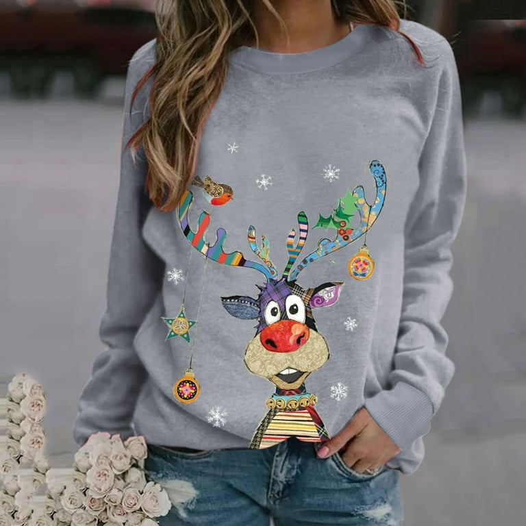 Christmas Long Sleeve Shirts for Women Colorful Christmas Reindeer