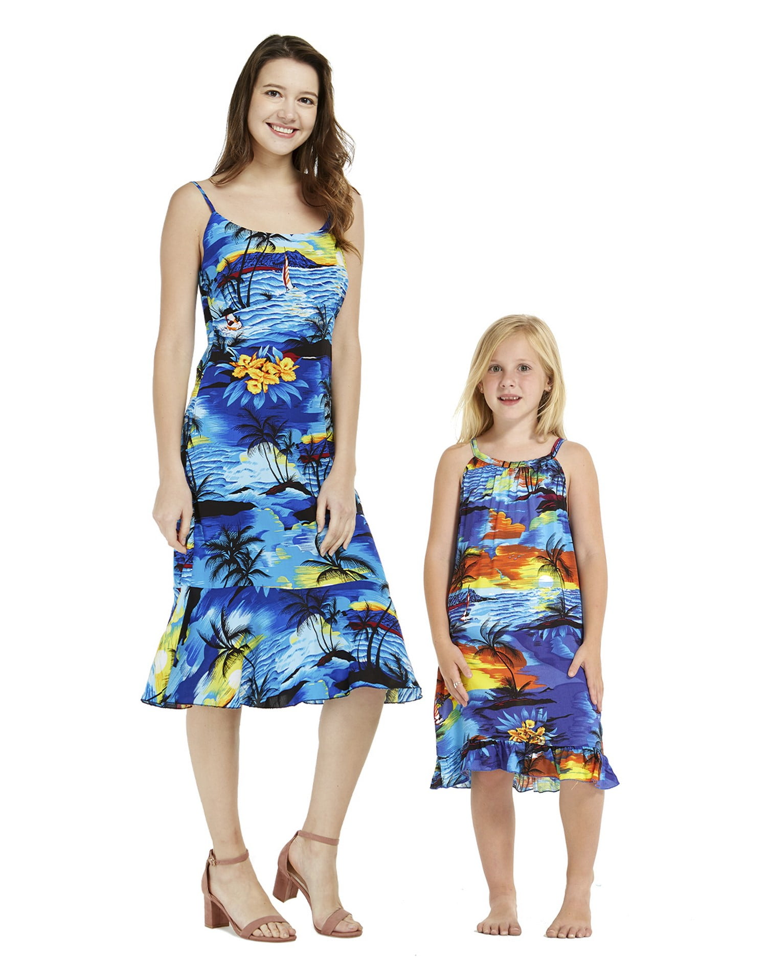 Girl Hawaiian Luau Party Dress Wrap Ruffle Dress in Hibiscus Blue