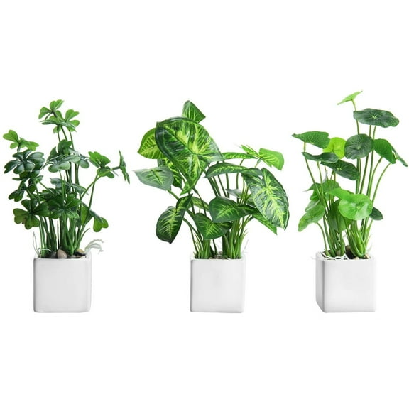MyGift Set of 3 Artificial Plants Tabletop Greenery in White Square Ceramic Pots