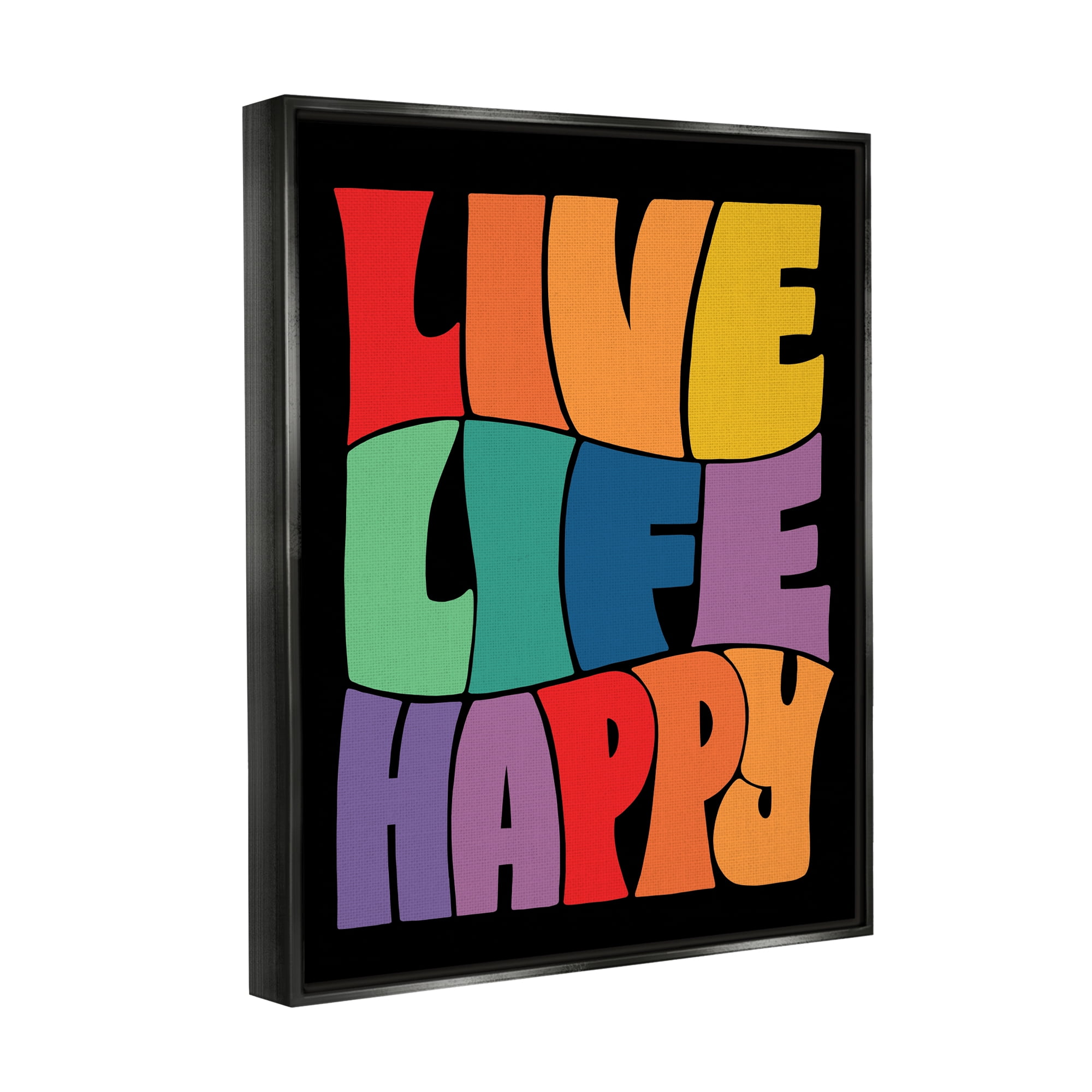 Stupell Industries Live Life Happy Groovy Phrase Holiday Painting Black Floater Framed Art Print Wall Art