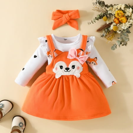 

Toddler Girls Outfit Sets Autumn Winter Long Sleeve Cartoon Print Romper Bodysuits Suspenders Skirts Bow Tie Headbands Outwear