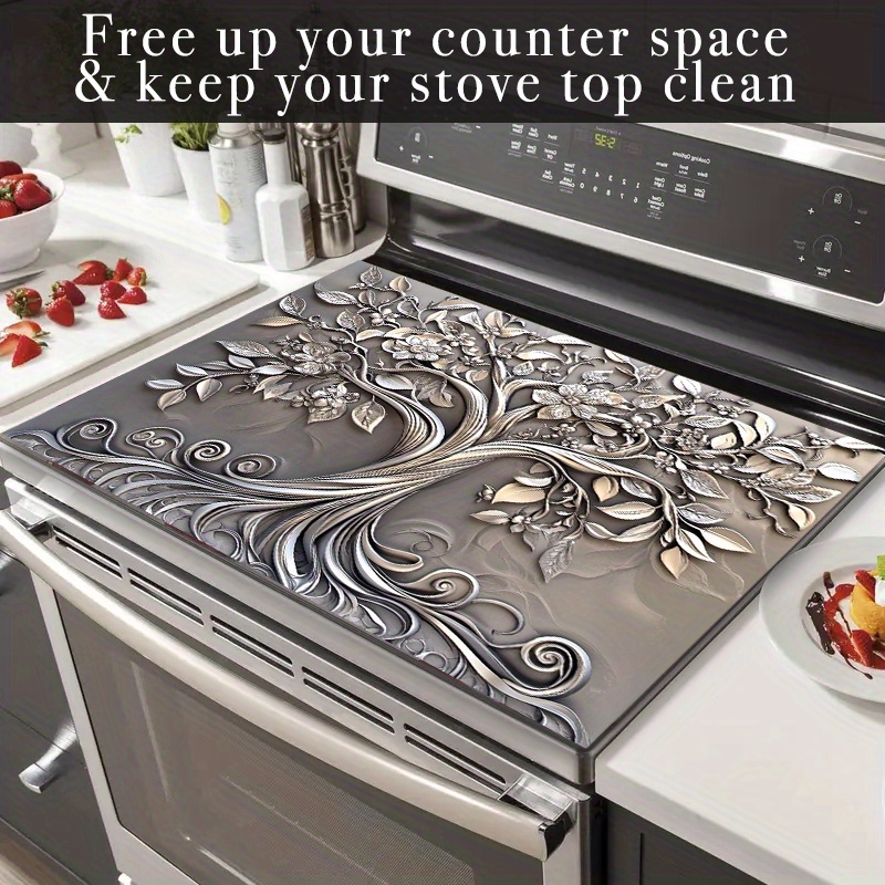 1PCS Stove Top Cover, Stove Top Covers For Electric Stove, 28.3x20.4 Inches Plastic Cover With Silver Tree & Delicate Flowers Design, Fit For Electric Stove