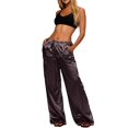 thumbnail image 2 of Women's Satin Wide Leg Pants, Low Rise Loose Fit Trousers, Casual Lounge Pants, Elastic Waist Silk Pants, Slinky Evening Pants, Going Out Bottoms Brown S, 2 of 4