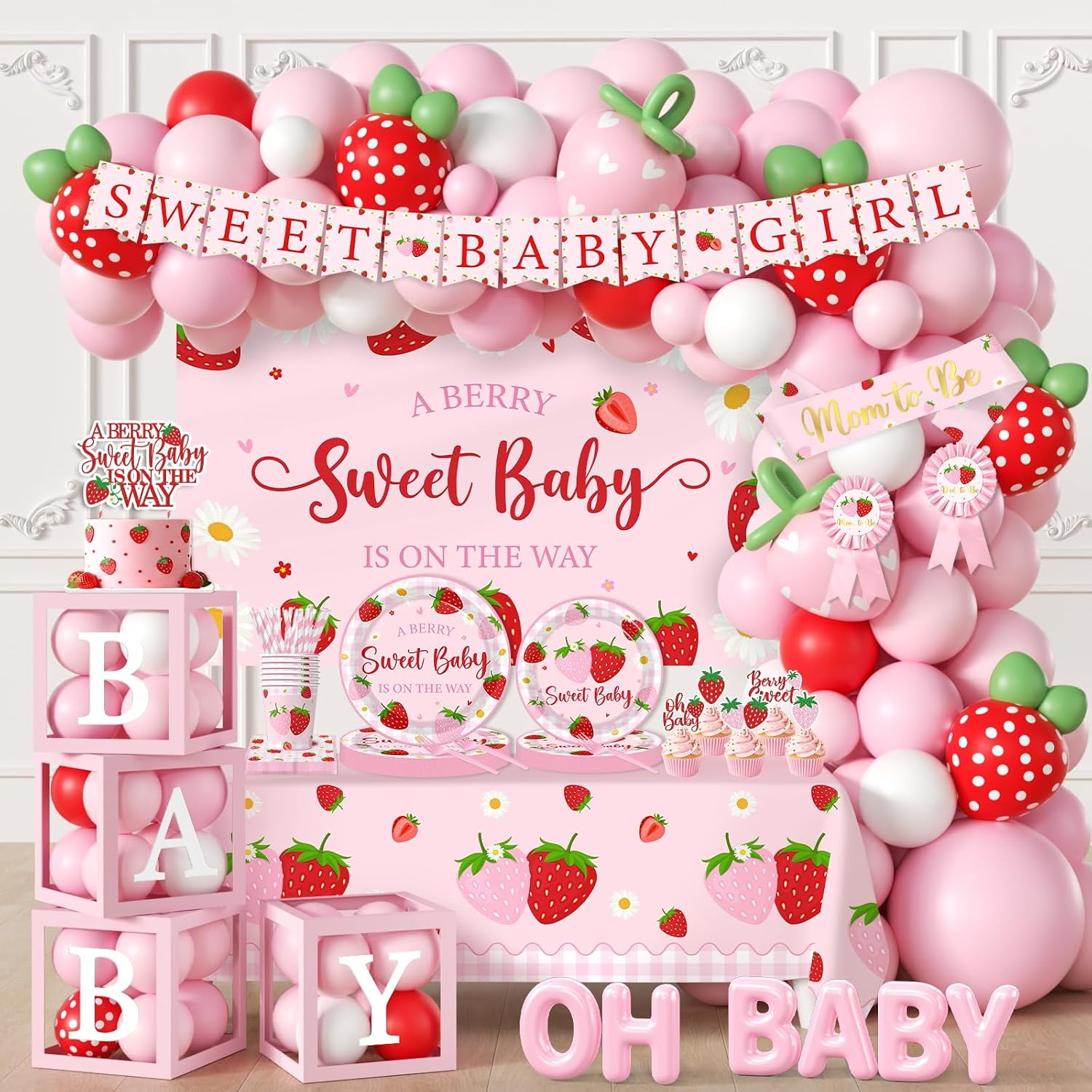 Strawberry Baby Shower Decorations 276pcs Berry Sweet Baby Shower Decorations Plates And Napkins Cups Banner Backdrop Tablecloth Cake Topper Balloon for A Berry Sweet Baby Is On The Way Decorations