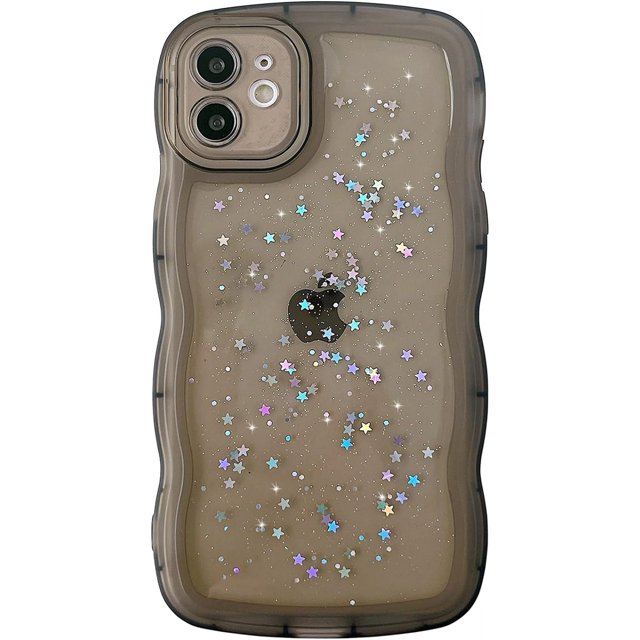 Funda Qokey para iPhone 12 de 6.1 pulgadas, diseño de ondas rizadas, transparente, con purpurina y estrellas brillantes, bonita, transparente, protección total, suave TPU a prueba de golpes, para
