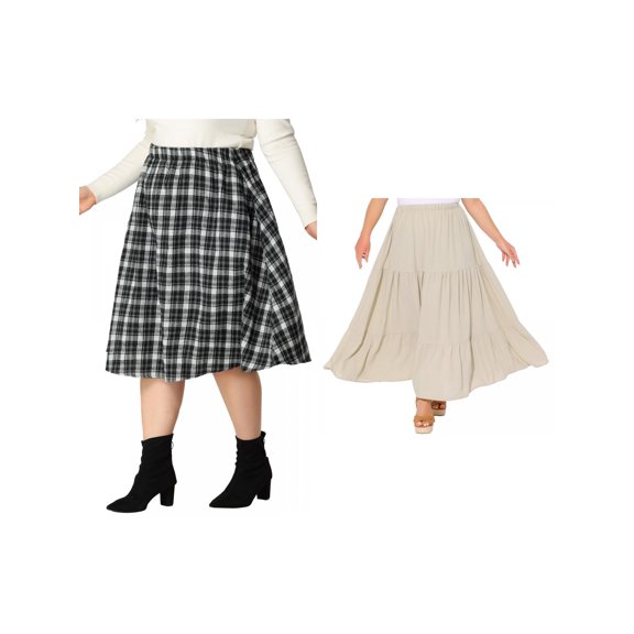 NOMADIC NOOK Women's Plus Size Two Pieces A Line Knee Length Flare Plaid Skirts 1X Beige/Black