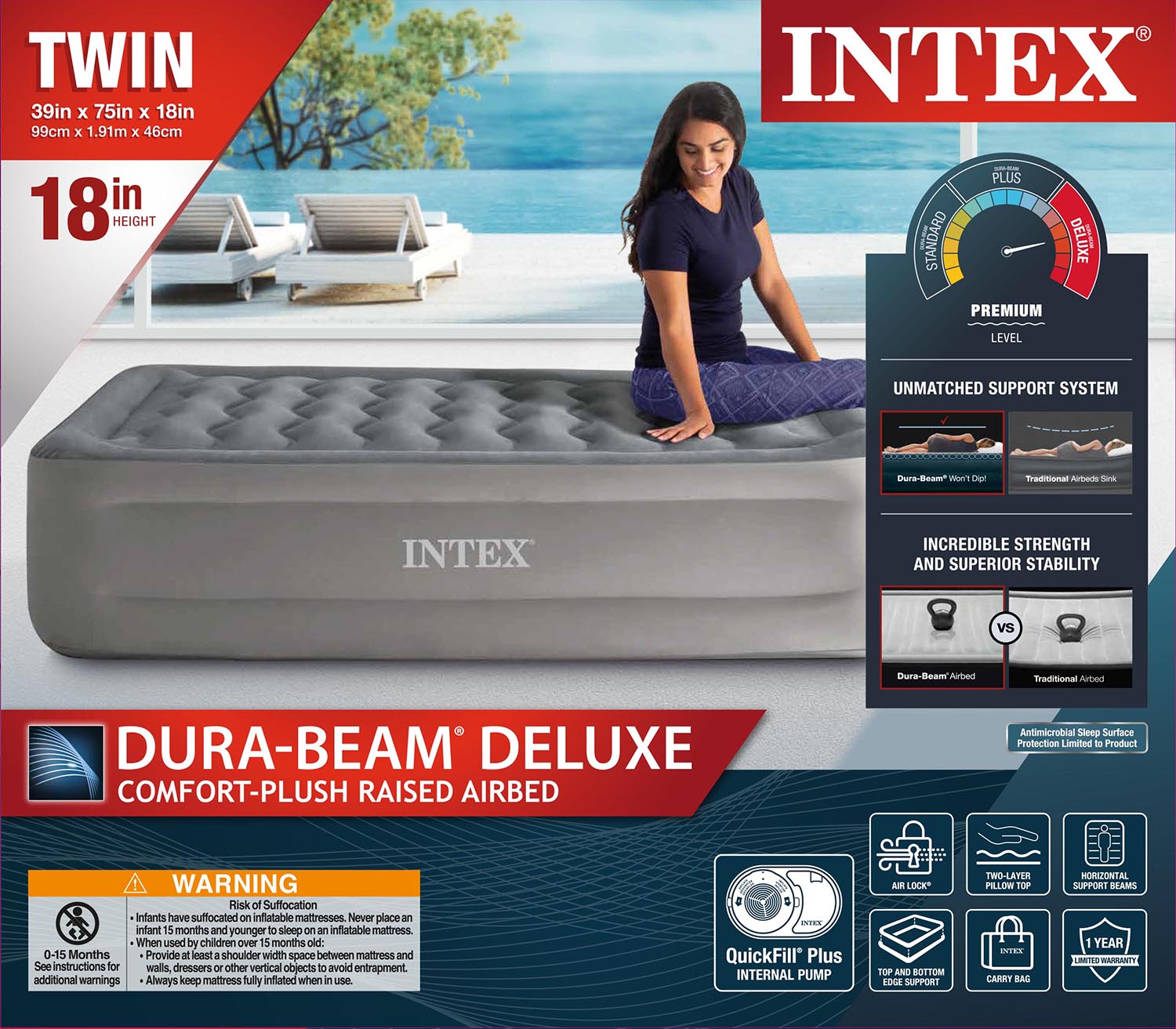 Intex 18" High Comfort Plush Raised Air Mattress Bed with Built-in Pump - Twin - image 2 of 16
