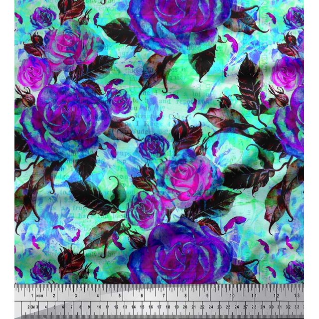 Soimoi Tissu en Satin Modal Imprimé Feuilles et Roses par Yard 42 Pouces de Large