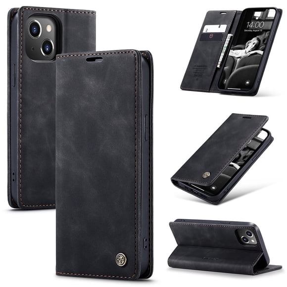 CaseMe Leather for iPhone 13 Case, Flip Wallet Leather Case with Card Holder Magnetic Closure Shockproof Kickstand Protective Phone Cases Cover for iPhone 13,Black,For iPhone 13
