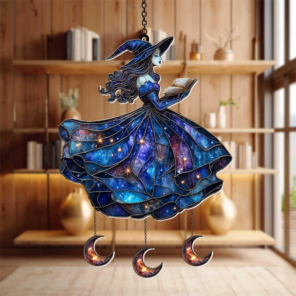 Cosmic Witch Acrylic Window Hanging Faux Stained Glass Suncatcher Galaxy Dress Sorceress With Crescent Moons & Spellbook Halloween Gift