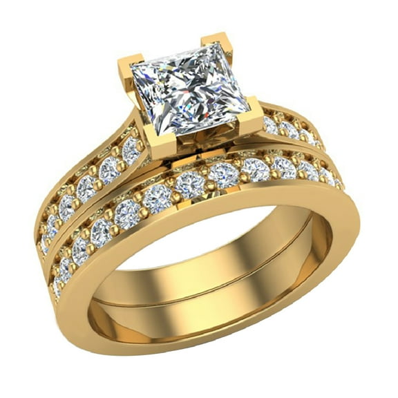 Princess Cut Cathedral Accented Diamond Wedding Ring Set 1.50 CTW 14K Gold ( G , VS )