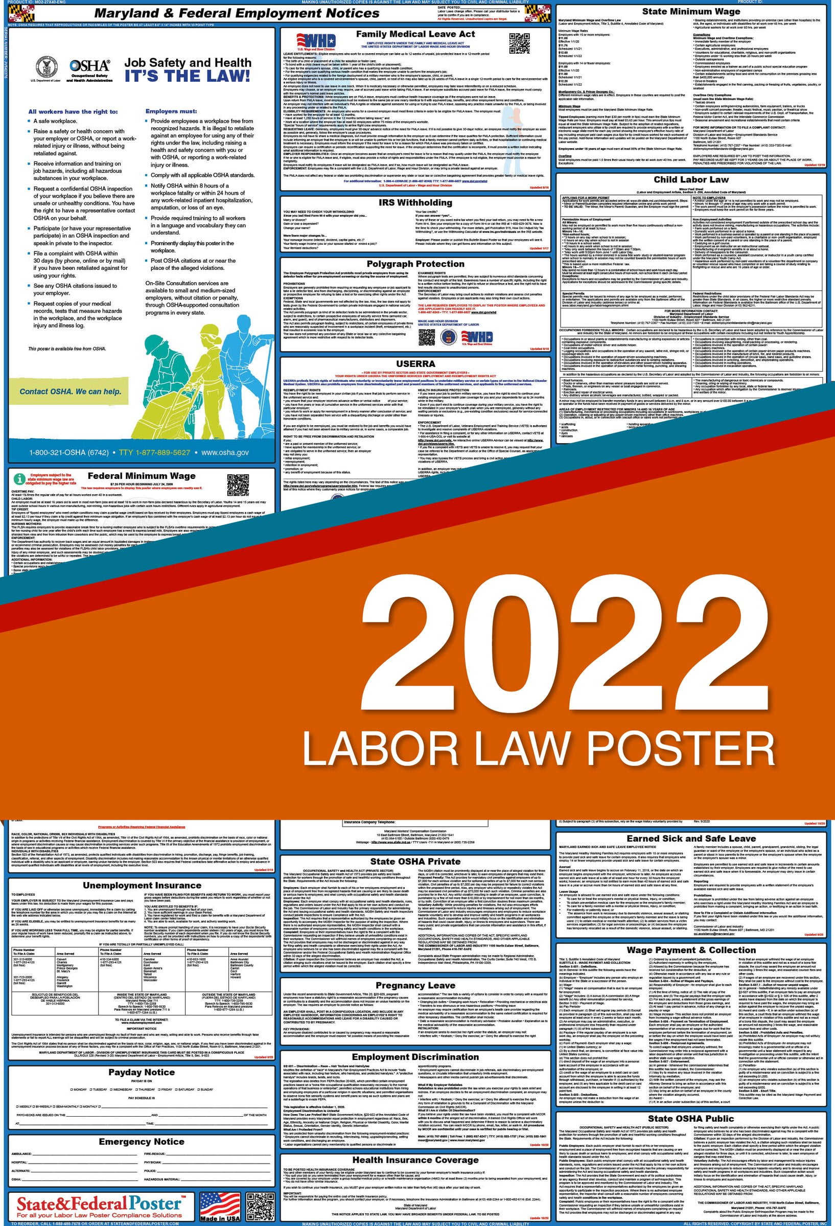 2022 Maryland State and Federal Labor Law Poster (Laminated)