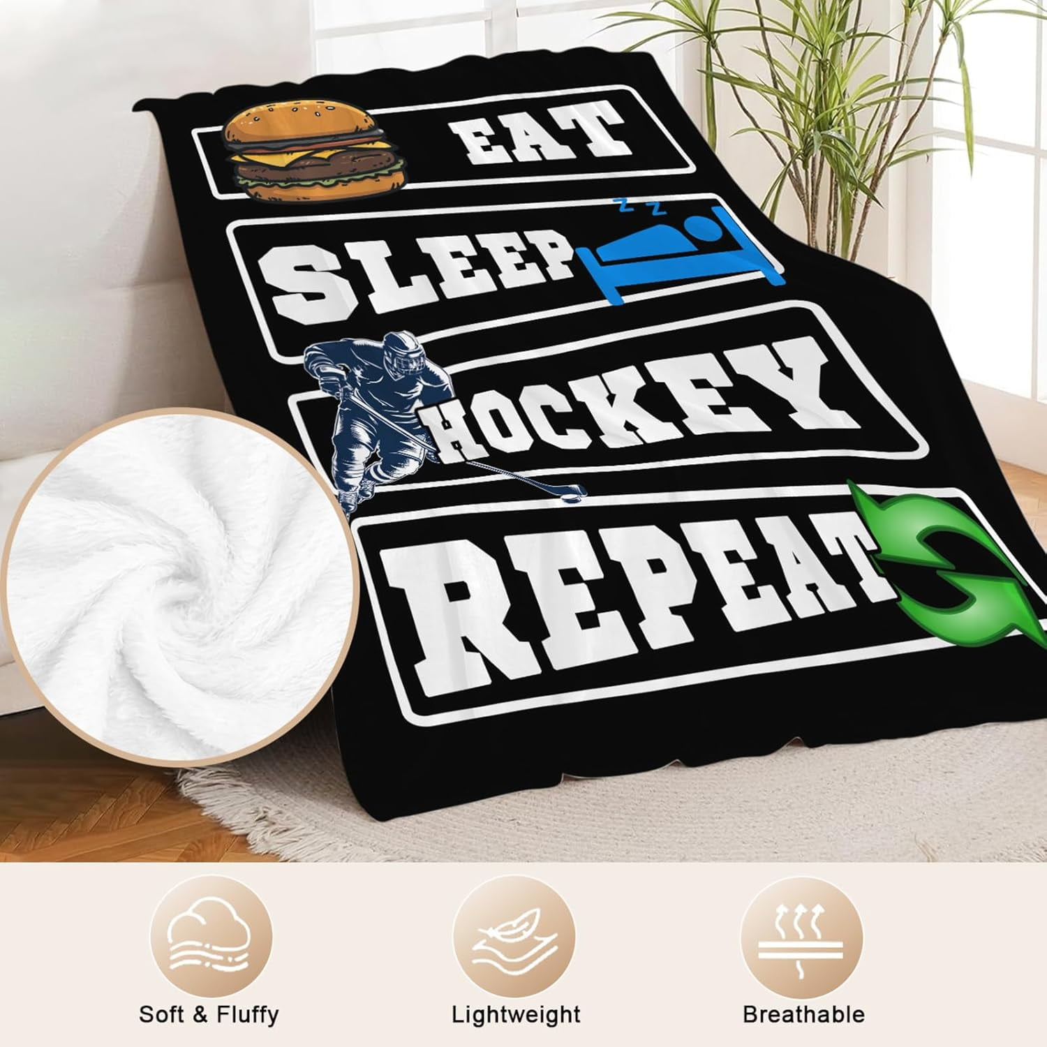 Ice Hockey Blanket for Boys Girls Flannel Eat Sleep Hockey Throw Blanket Ultra Soft Cozy Fleece Sports Decor Blankets Gift for Womens Mens Couch Sofa Bed 50" x 40"