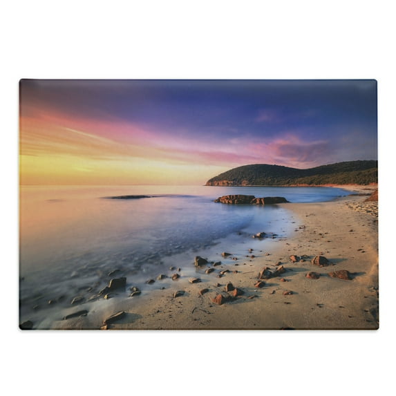 Beach Cutting Board, Famous Mediterranean Sun Rise on the Coast Pebbles Tourism Serene View Print, Decorative Tempered Glass Cutting and Serving Board, Large Size, Multicolor, by Ambesonne