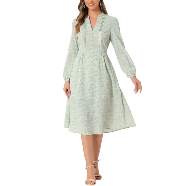 Vestido Floral de Mujer Inspire Chic de Manga Larga con Escote en V, Plisado, Fluido, Midi de Verano, S Verde
