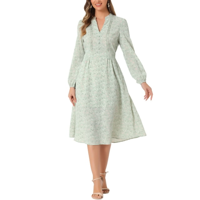 Vestido Floral de Mujer Inspire Chic de Manga Larga con Escote en V, Plisado, Flowy, Midi de Verano, Talla M, Verde