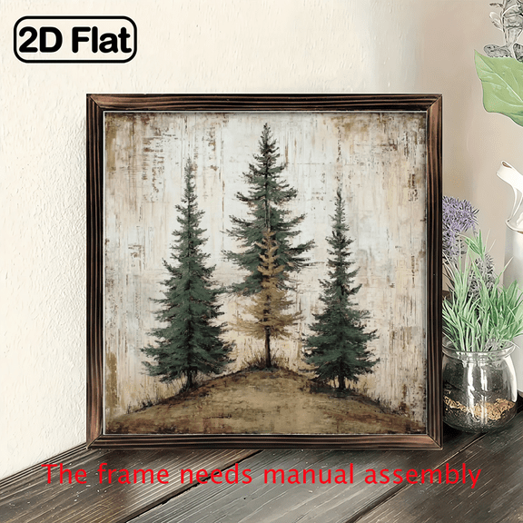 Rustic Pine Tree Wall Art - 8x8 Inch Wooden Framed Two Pine Trees Nature Scene with Muted Green Brown Tones - Farmhouse Minimalist Home Decor for Living Room, Bedroom, Bathroom - Housewarming