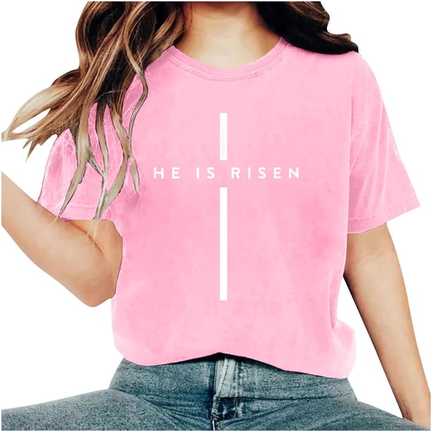 Camisetas de Cuello de Tripulación de Manga Corta para las Mujeres Cartas de Impresión de Pascua Camiseta de Manga Corta, Spandex de Poliéster