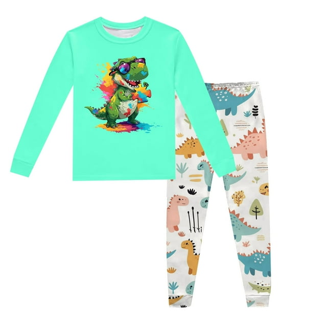 Pyjamas pour Garçons, Ensemble de Pyjama 2 Pcs, Imprimé Dinosaure, Col Rond, Manches Longues, Pantalon, Printemps Automne, Vert Menthe, 7 Ans-8 Ans