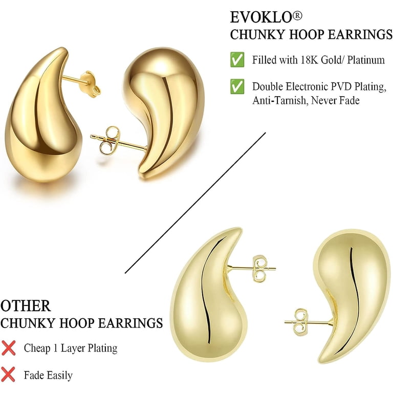 8YEARS Chunky Gold Waterdrop Hoop Earrings For Women - 18K Gold Plated, Hypoallergenic, Lightweight Hollow Hoops