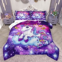 jejeloiu Magic Animal Unicorn Bedding Comforter Set,Multicolor Flowers Floral Twin Comforter Sets,Purple Galaxy Stars Bedding Set For Girl,Breathable Home Decor Reversible,2pcs