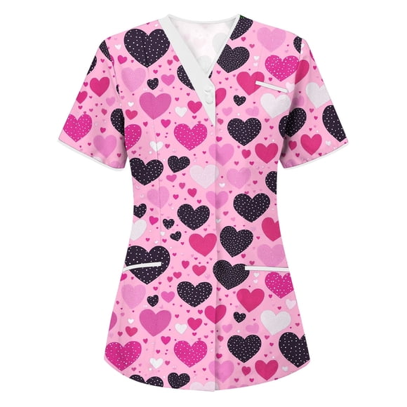 Scrub Uniforms Women Cute Cartoon Print Holiday Medical Tops Shirt Breathable Short Sleeve V-Neck Nurse Workwear