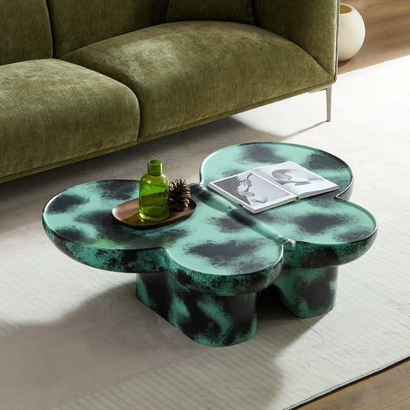 Butterfly Shape Modern Coffee Table with Faux Travertine Texture for Living Room or Office, Green and Black Artisan Design