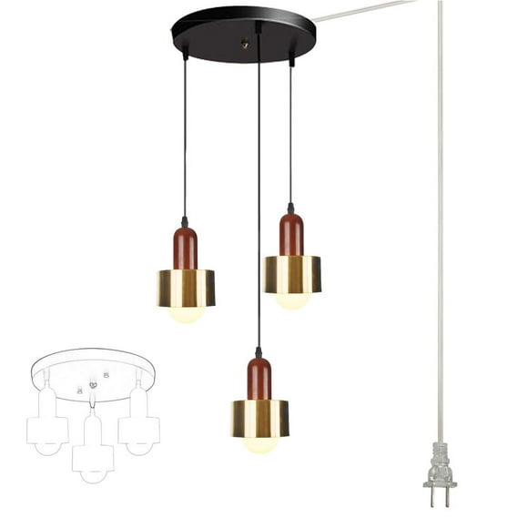 FSLiving No Drilling 3 Lights Gold Swag Pendant Light with 15ft Plug in UL Cord Island Chandelier Pendant Lighting Fixtures Hanging Ceiling Light for Kitchen Island Gallery Staircas Bar - 1 Set