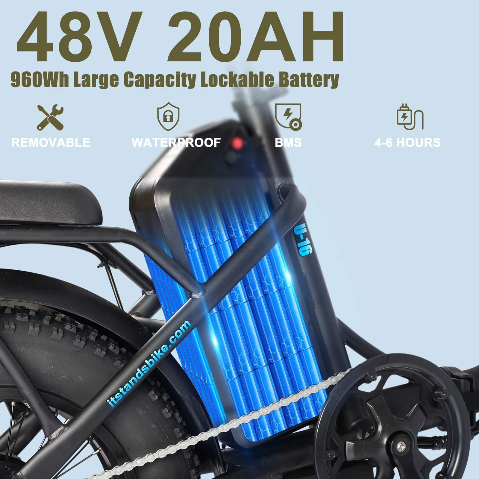 ITSTANDS 800W Electric Bike Folding for Adults 16''x4.0 fat tire E-Mountain Bike 48V 20AH UL2849 Removable Battery Step Thru Electric Bicycle 30MPH Dual Shock Absorption Urban Commuter Ebikes