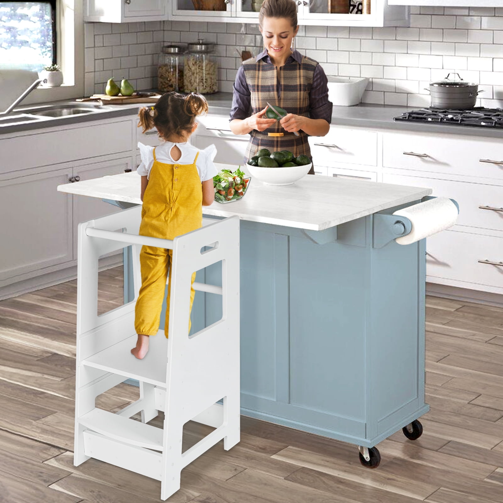 Kitchen Step Stool for Kids and Toddler with Safety Rail Adjustable Height Kids Learning Stool with Non Slip Mat, Standing Toddler Tower for Kitchen ...