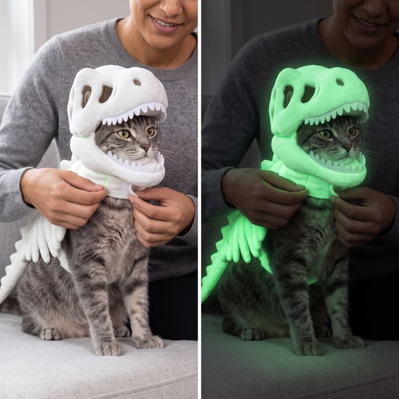 Halloween Pet Dinosaur Costume Headpiece, Glow in the Dark Skeleton Dino Mask for Dogs Cats Animals, Funny Animal Costume Accessory for Party Dress Up