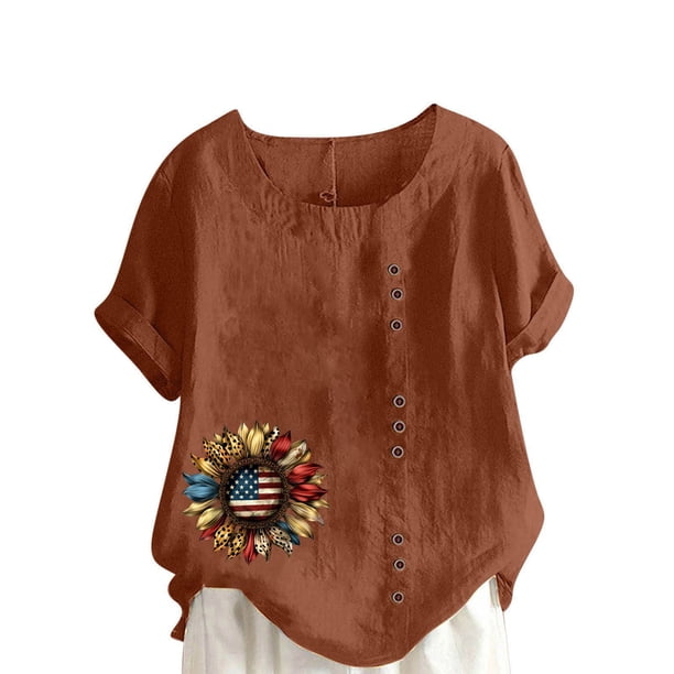 Vestidos Casuales Para Mujer, Blusas De Mujer De Moda Blusa informal de lino con botones y manga corta estampada para mujer