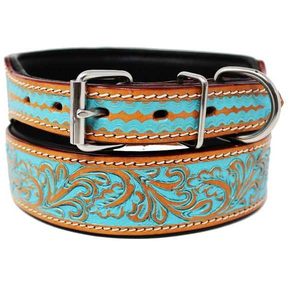 Small 13''- 17'' Challenger 100% Leather Dog Collar Floral Tooled Turquoise 60167